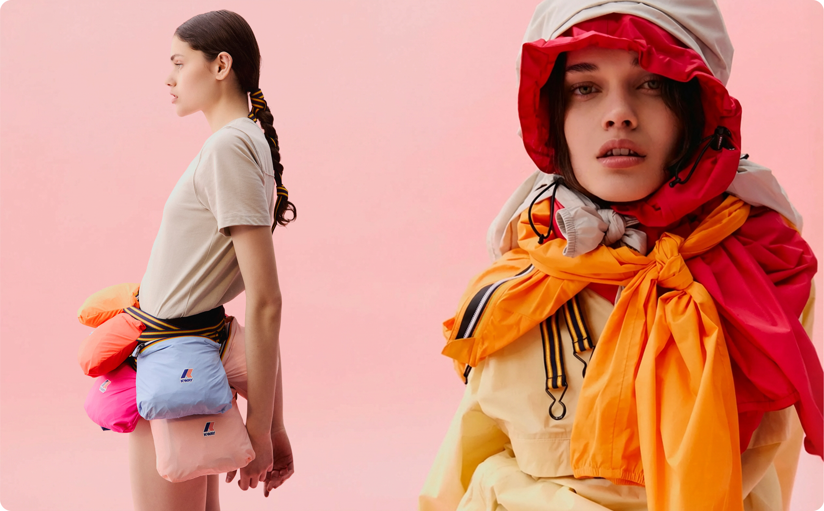 Two women wearing colorful LE VRAI raincoats and scarves against a pink background