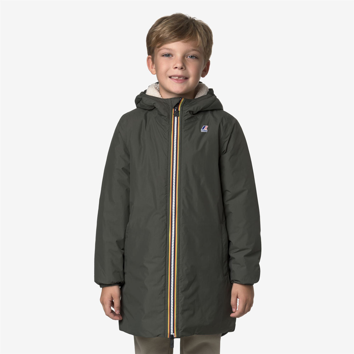 Jackets_KID UNISEX_P. LE VRAI 4.0 EIFFEL ORSETTO_3/4 Length_GREEN BLACKISH - Commercial 1