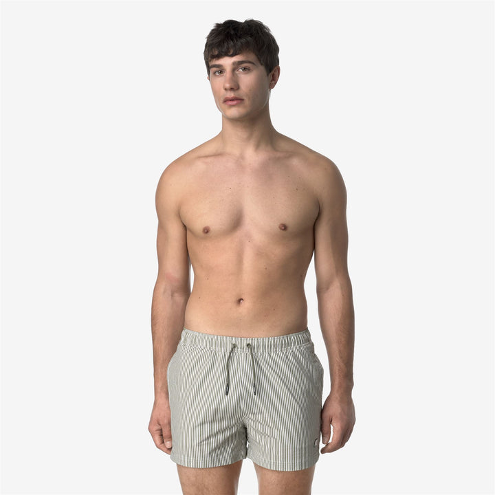 Bathing Suits_MAN_HAZEL MID STRIPES BEACH_Swimming Trunks_White - Green Lichen - DressedBack