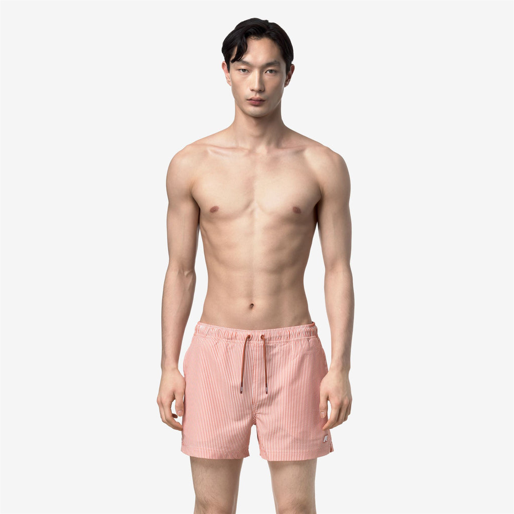 Bathing Suits_Man_HAZEL MID STRIPES BEACH_Swimming Trunks_White - Orange Brownish - Commercial 4